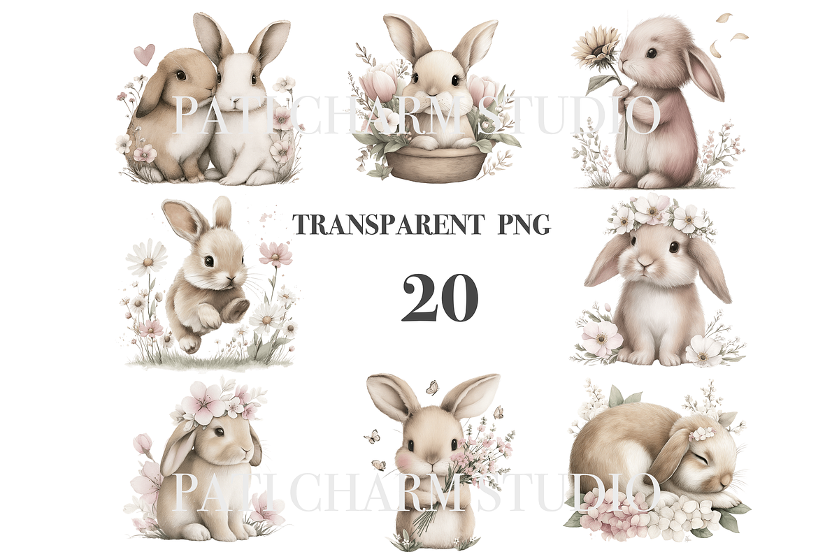 20 Floral Bunny Clipart, an Animal Illustration by Pati Charm Studio (Photo 3 of 8)