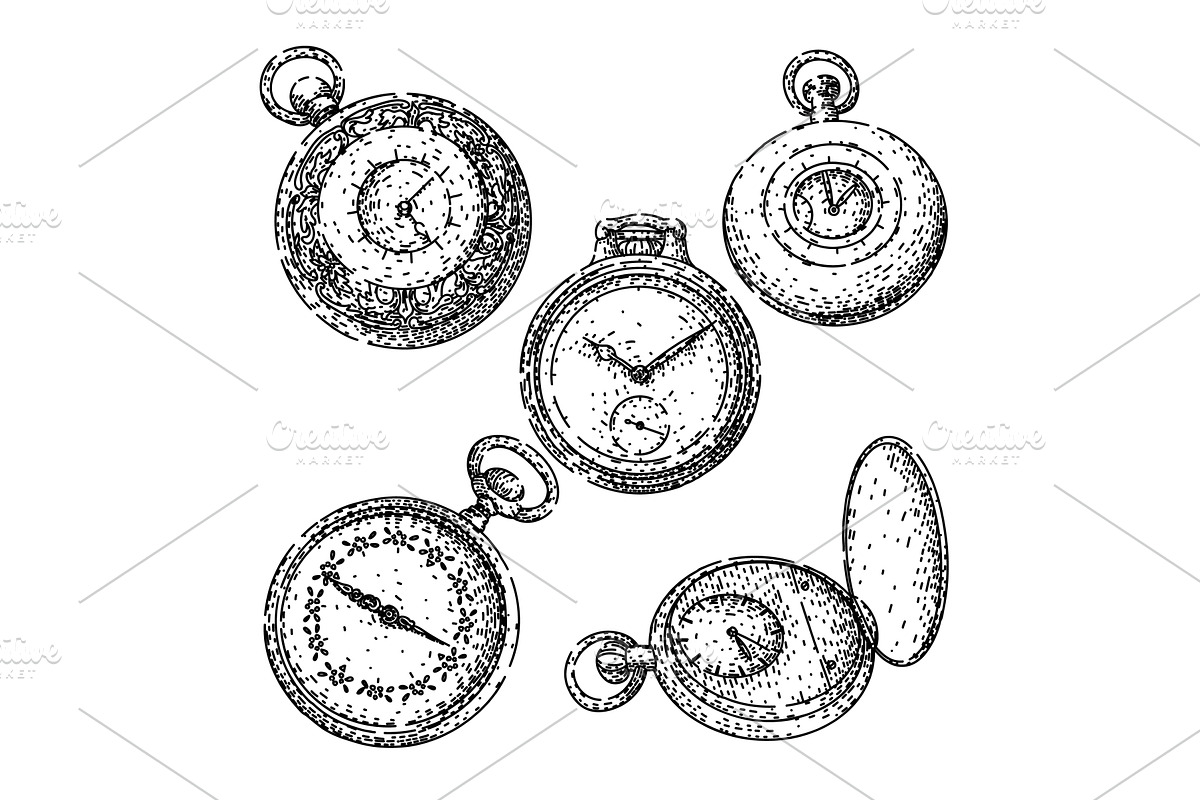pocket watch set sketch hand drawn, an Illustration by pikepicture