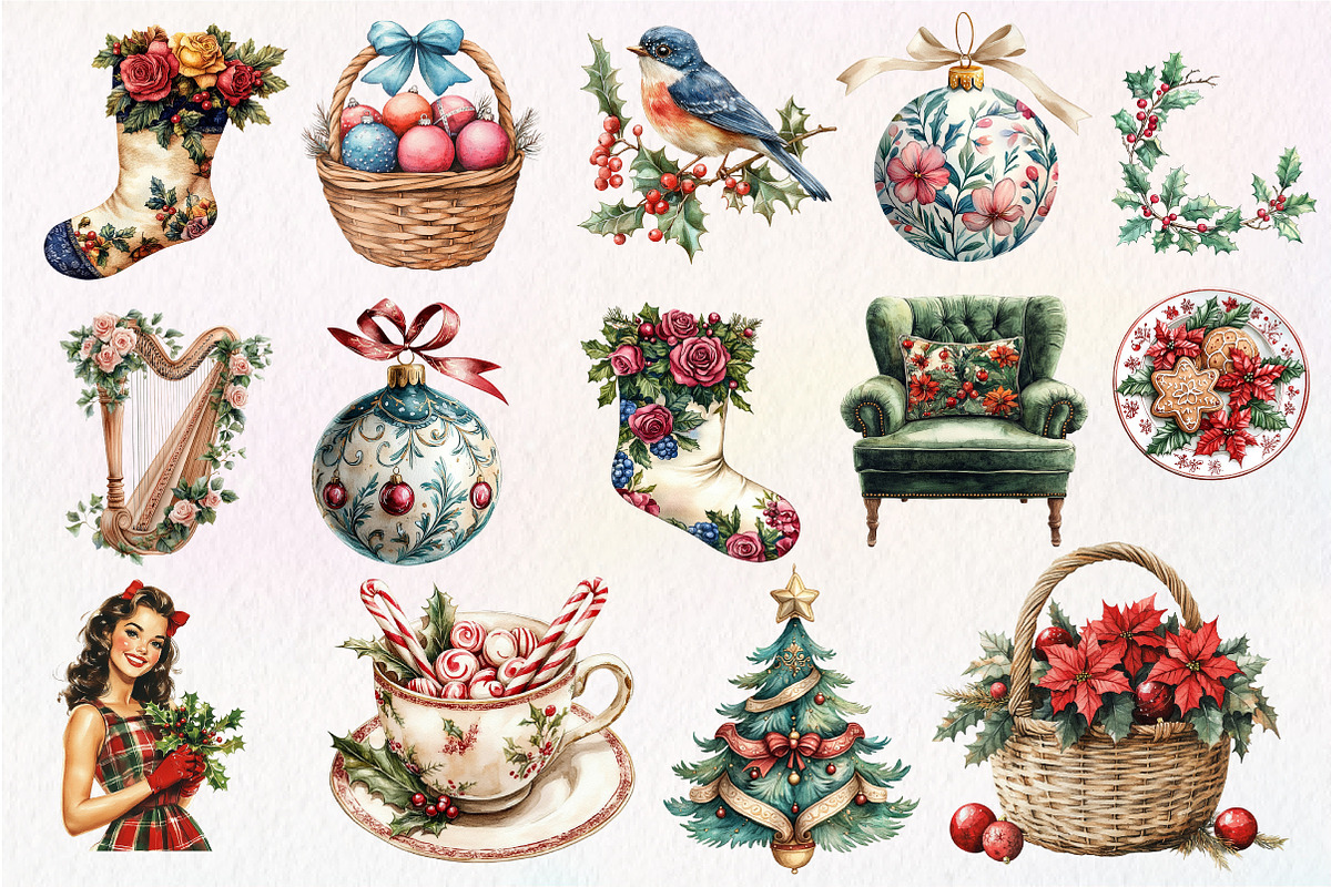 Grandmillennial Christmas Clipart, an Illustration by Dream Creation (Photo 4 of 4)