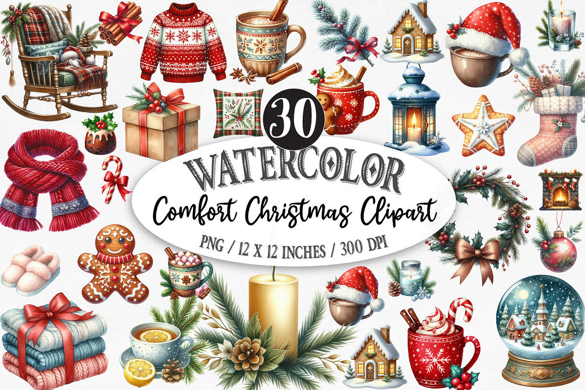 Watercolor Comfort Christmas Clipart, an Illustration by Designking (Photo 1 of 5)