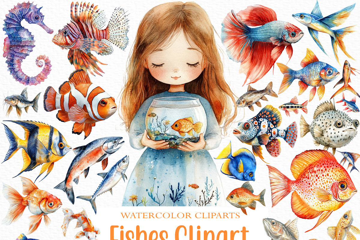Watercolor Fishes Clipart, an Illustration by Craft Nest (Photo 1 of 6)