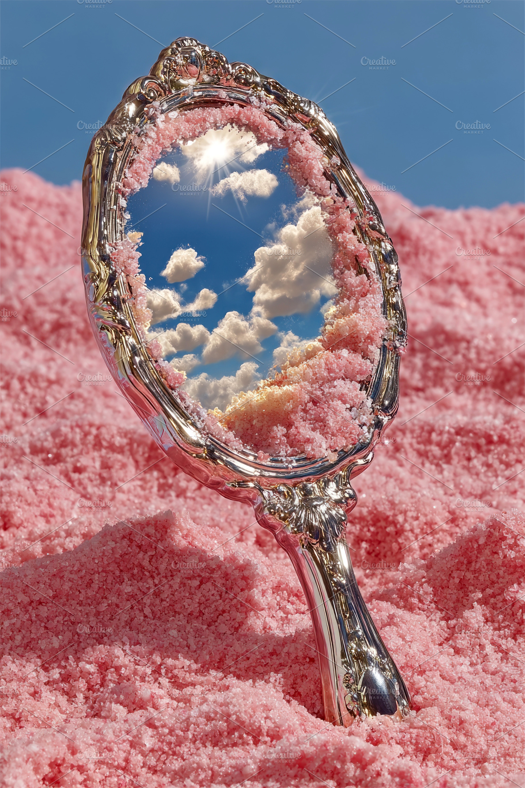 Ornate silver hand mirror standing in pink crystal sand reflecti, an Abstract Photo by José Manuel Gelpi