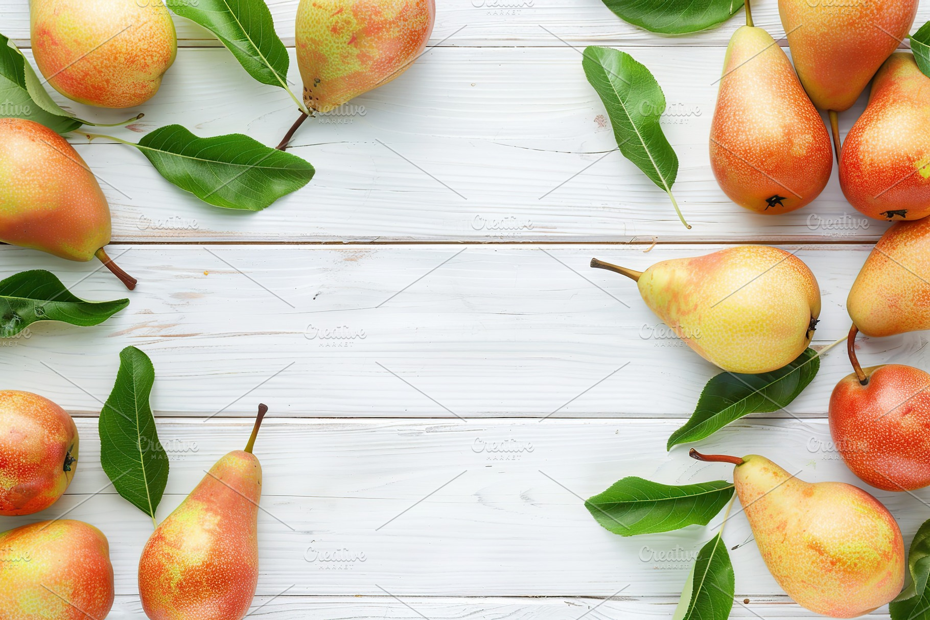 Red pears with leafs and copyspace for text on wooden table, a Food & Drink Photo by AlyaAnd