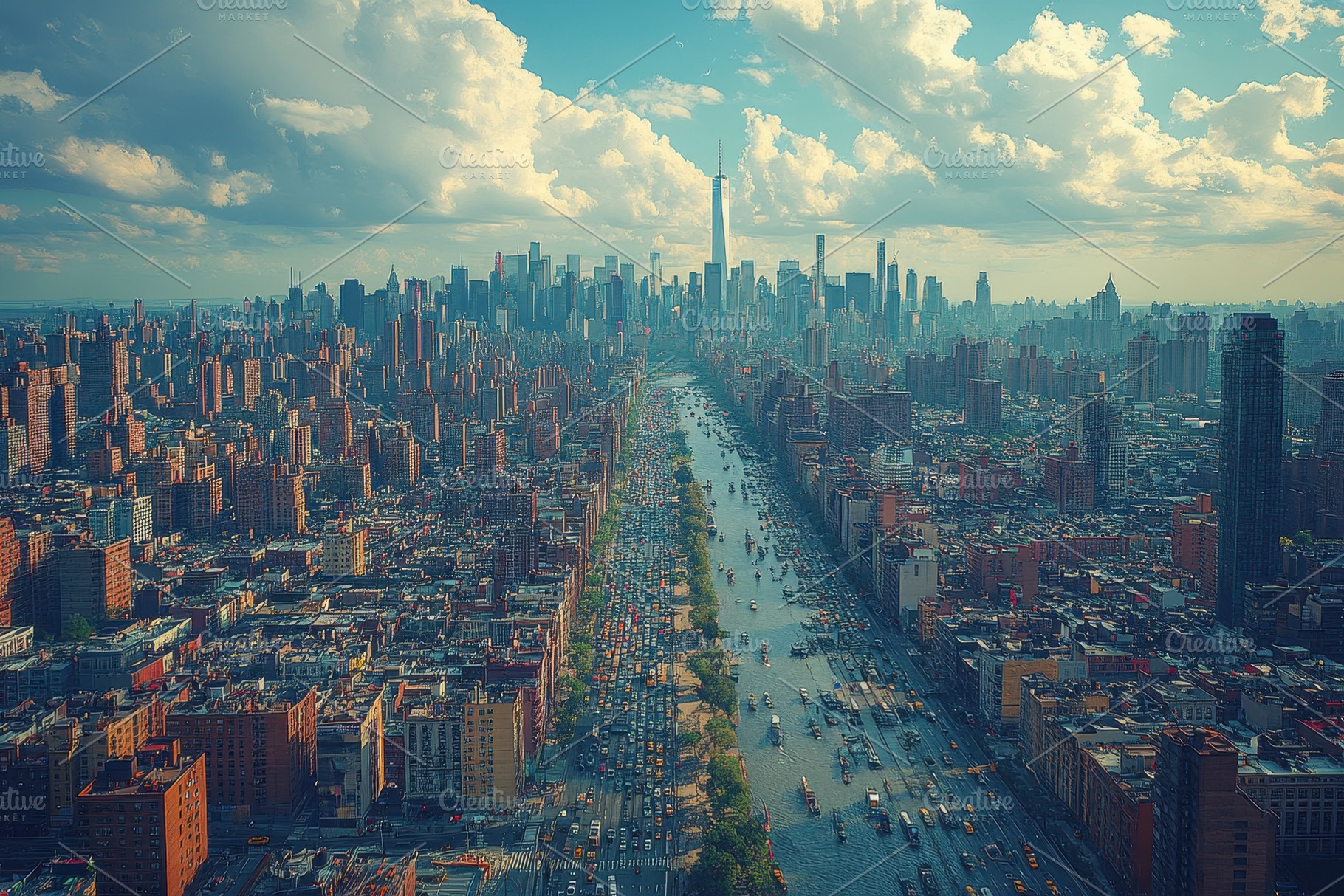City skyline showcases a bustling ri, a Photo by Tanuart