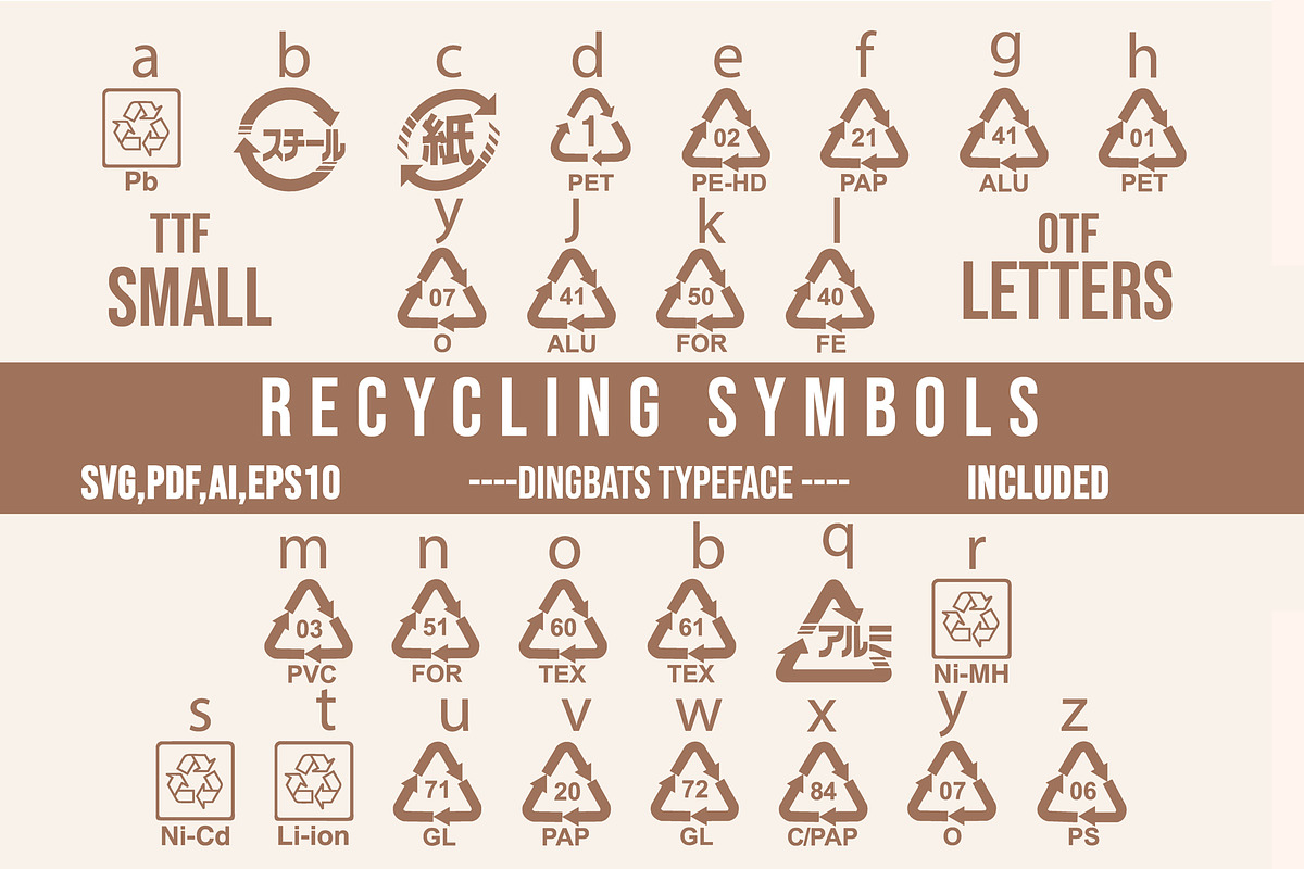 Packaging Recycling Symbols Dingbats, a Symbol Font by Minimalartstudio (Photo 1 of 3)