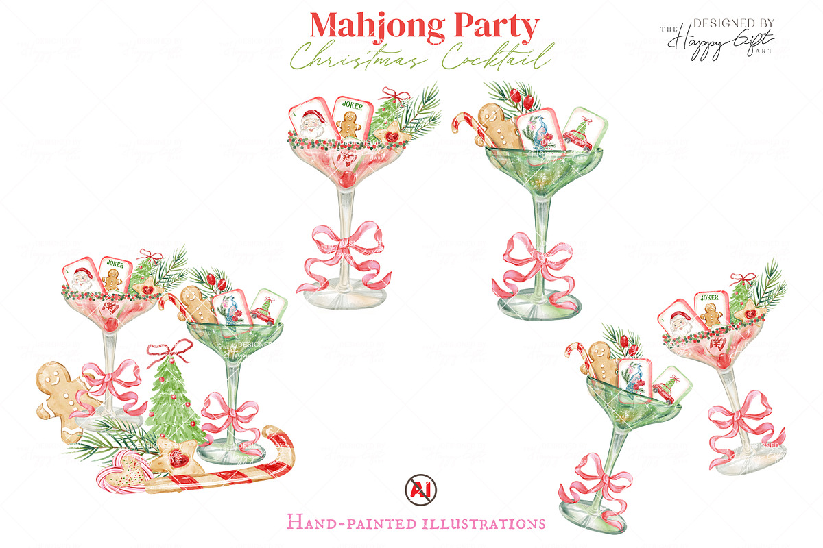 Christmas Mahjong Cocktail Clipart, a Decorative Illustration by TheHappyGiftArt (Photo 2 of 10)
