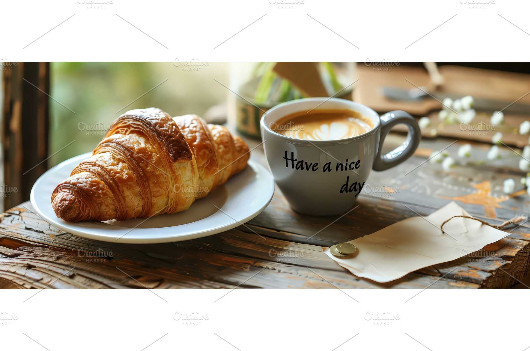 Morning coffee and croissant with, a Food & Drink Photo by piter.goskov
