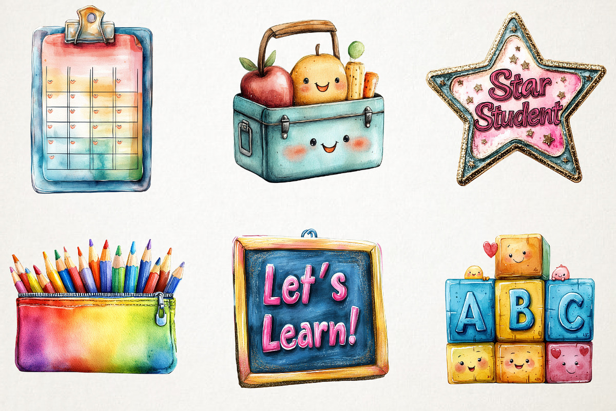 Kawaii Glitter School Clipart, an Illustration by RobertsArt (Photo 7 of 7)