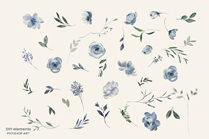 Watercolor Dusty Blue Floral Clipart