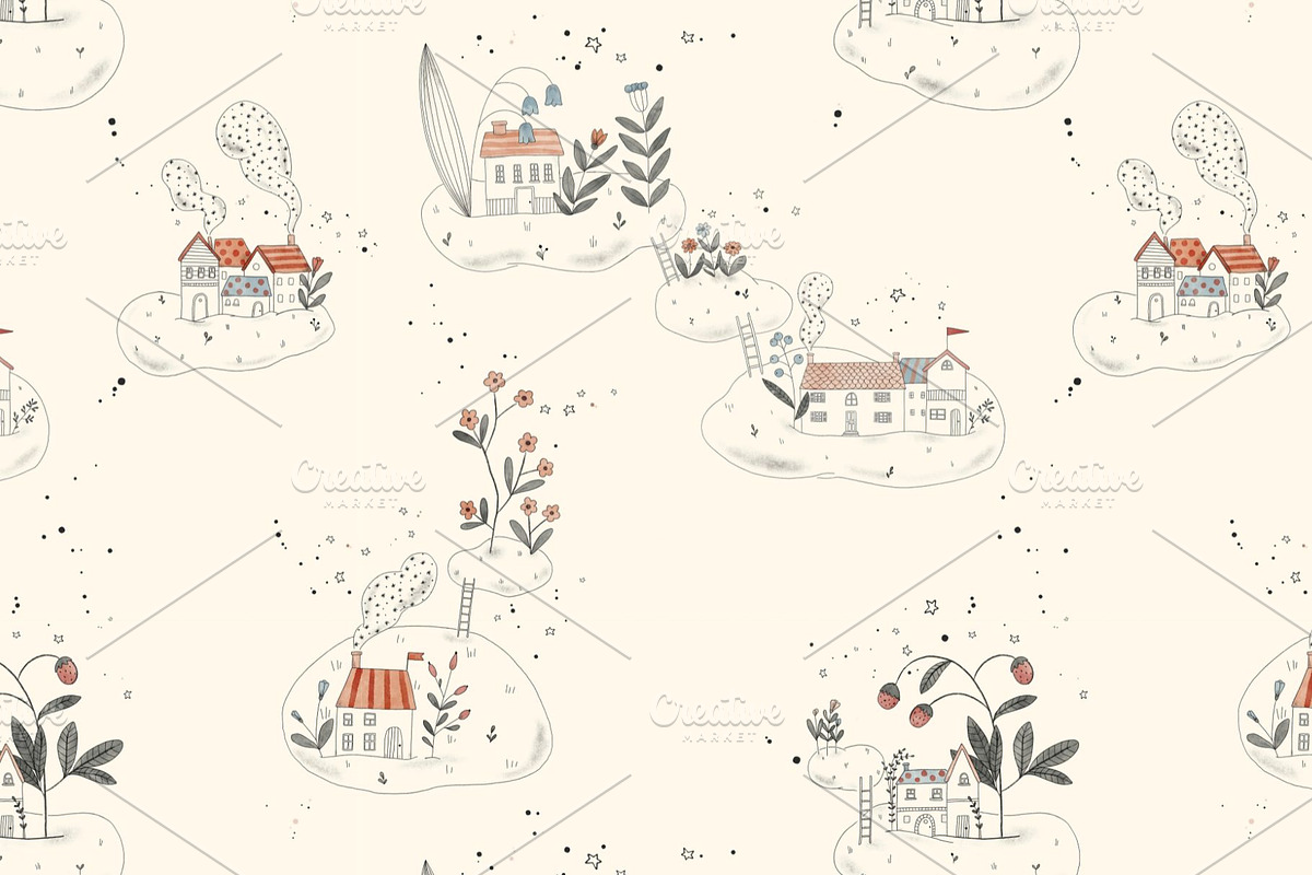 Little Houses in Cloudes Pattern, a Pattern Graphic by MouseGrey (Photo 8 of 8)