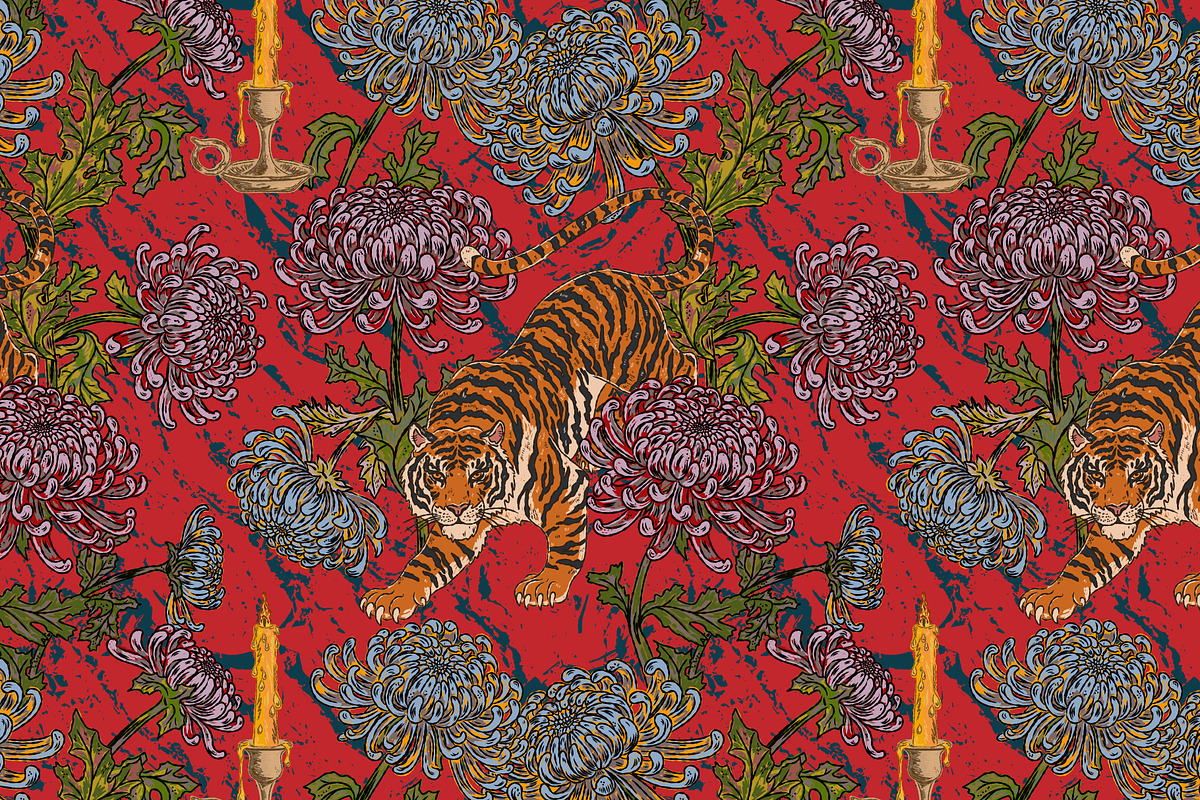 Tiger, candle, chrysanthemums, a Pattern Graphic by NayaChu (Photo 4 of 9)