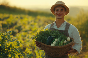 A young farmer smiling while holding a large basket filled with fresh vegetable, a Person Photo by Textures & Backgrounds