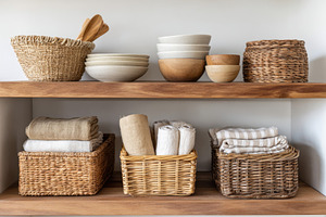 Stylish kitchen shelf with bowls and woven baskets, a Health & Medical Photo by AlyaAnd