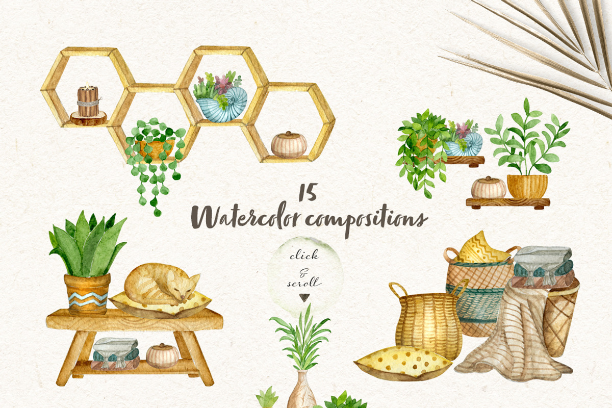 Boho Home. Watercolor interior set, an Object Graphic by JuliaBadeeva (Photo 2 of 6)