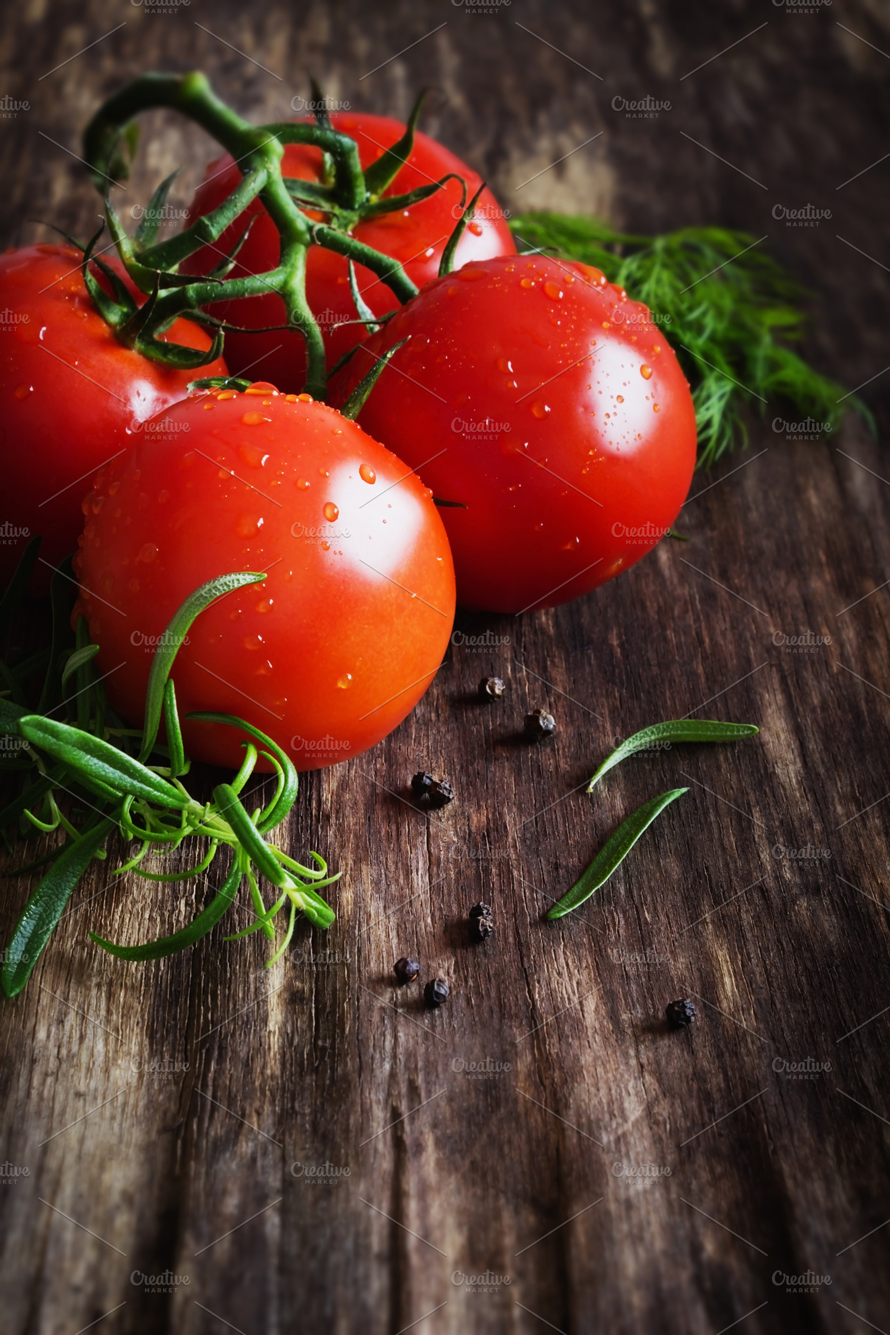Ripe tomatoes and herbs stock picture, a Food & Drink Photo by Sweet Cherry Jam