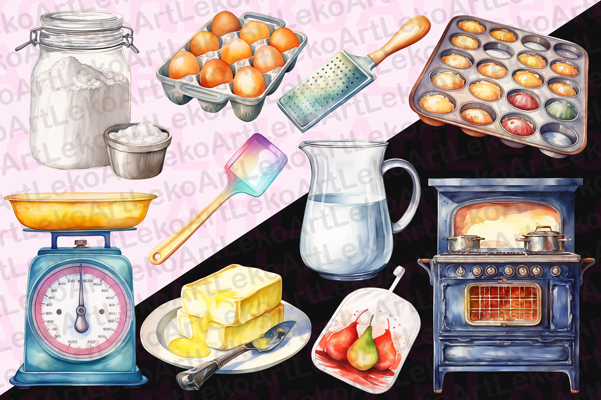 Baking Supplies Watercolor Clipart, a Food Illustration by LekoArt (Photo 3 of 6)