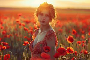 Portrait of young beautiful woman in red poppy flowers field, a Photo by AlyaAnd
