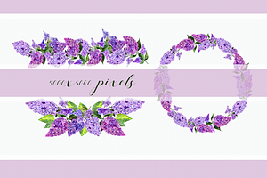 Watercolor Lilac Flowers Clipart Set