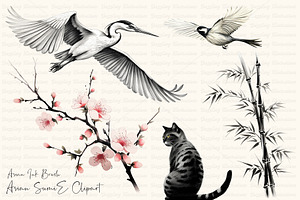 Zen Brushstrokes Sumi-e Clipart Set