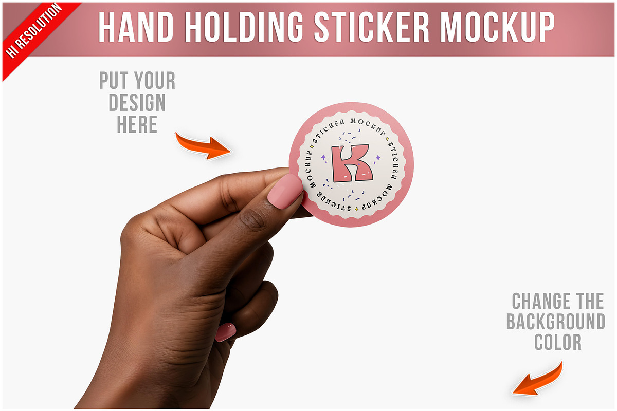 Woman's Hand Holding Sticker PSD, a Merchandise Mockup by Bruno's Shop (Photo 1 of 4)
