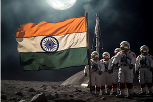 Indian Flag On Moon With Astronauts