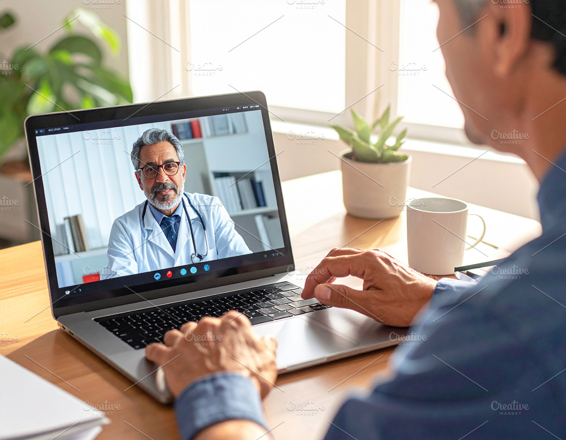 Person using a laptop with a doctor on a video call, a Photo by DanFLCreativo