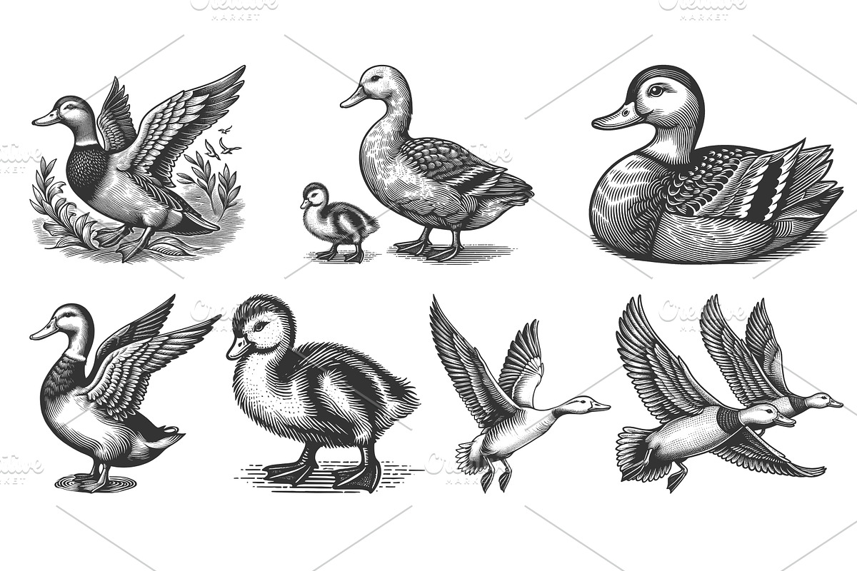 duck and duckling engraving set, an Animal Illustration by AlexArt