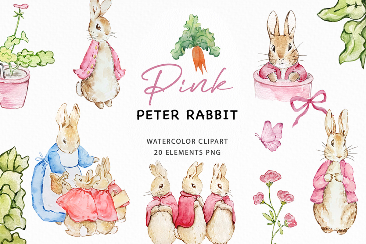 Watercolor Peter Rabbit Pink Clipart, an Object Graphic by SvetaArtStore