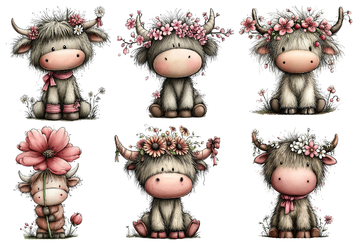 whimsical spring highland cow clipar, an Illustration by Designworld (Photo 4 of 5)