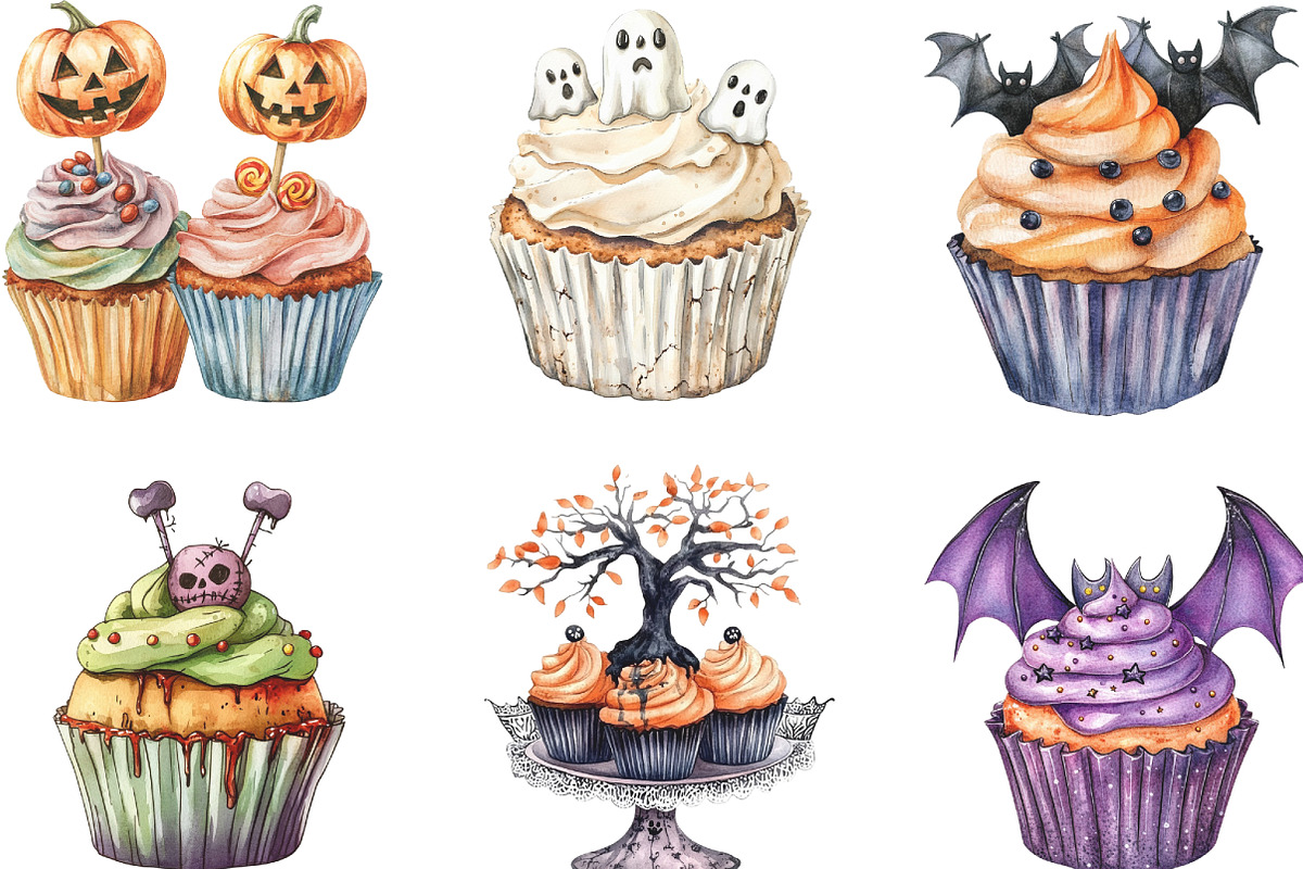 Halloween Cupcakes Vintage Clipart, an Illustration by CraftArtStudio (Photo 2 of 6)