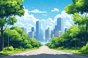 Cityscape Road Green Trees Summer Da, a Photo by Pixeness Studio