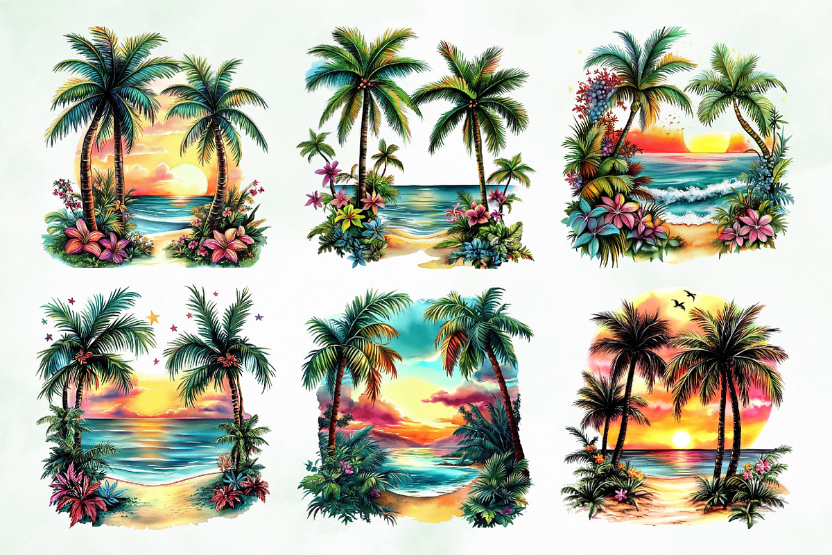 Aesthetic Sunset & Palm Tree Clipart, a Seasonal Illustration by Creative Art (Photo 2 of 8)