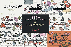 Bundle 8 in 1 - Illustrations & Font, an Animal Illustration by line & plane