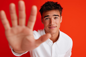 Young man in white shirt showing, a Person Photo by MistyDay