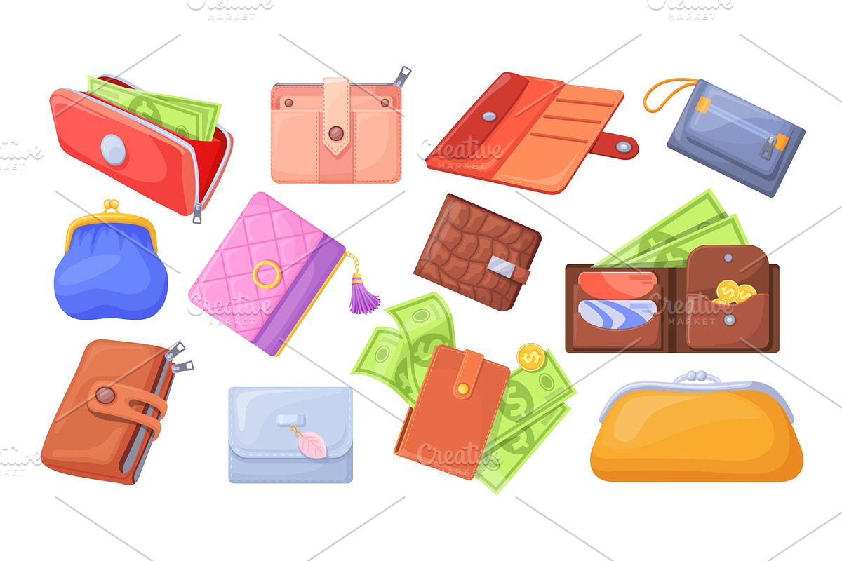 Cartoon leather wallets. Full money, a Finance Illustration by Stock-Smart-Start