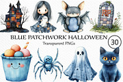 Watercolor Blue Patchwork Halloween, an Illustration by Craft Nest (Thumbnail 1 of 6)