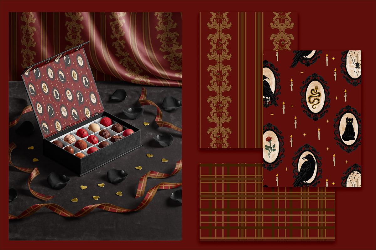 Burgundy Gothic Halloween Patterns, a Pattern Graphic by Oksana Dovhopol Art (Photo 8 of 9)