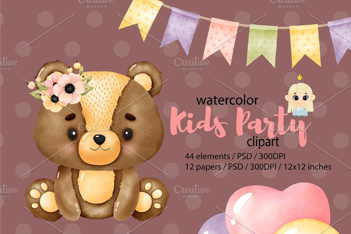 Baby Girl Birthday Party Clipart, an Animal Illustration by Natalya_Mona_Art (Photo 5 of 9)