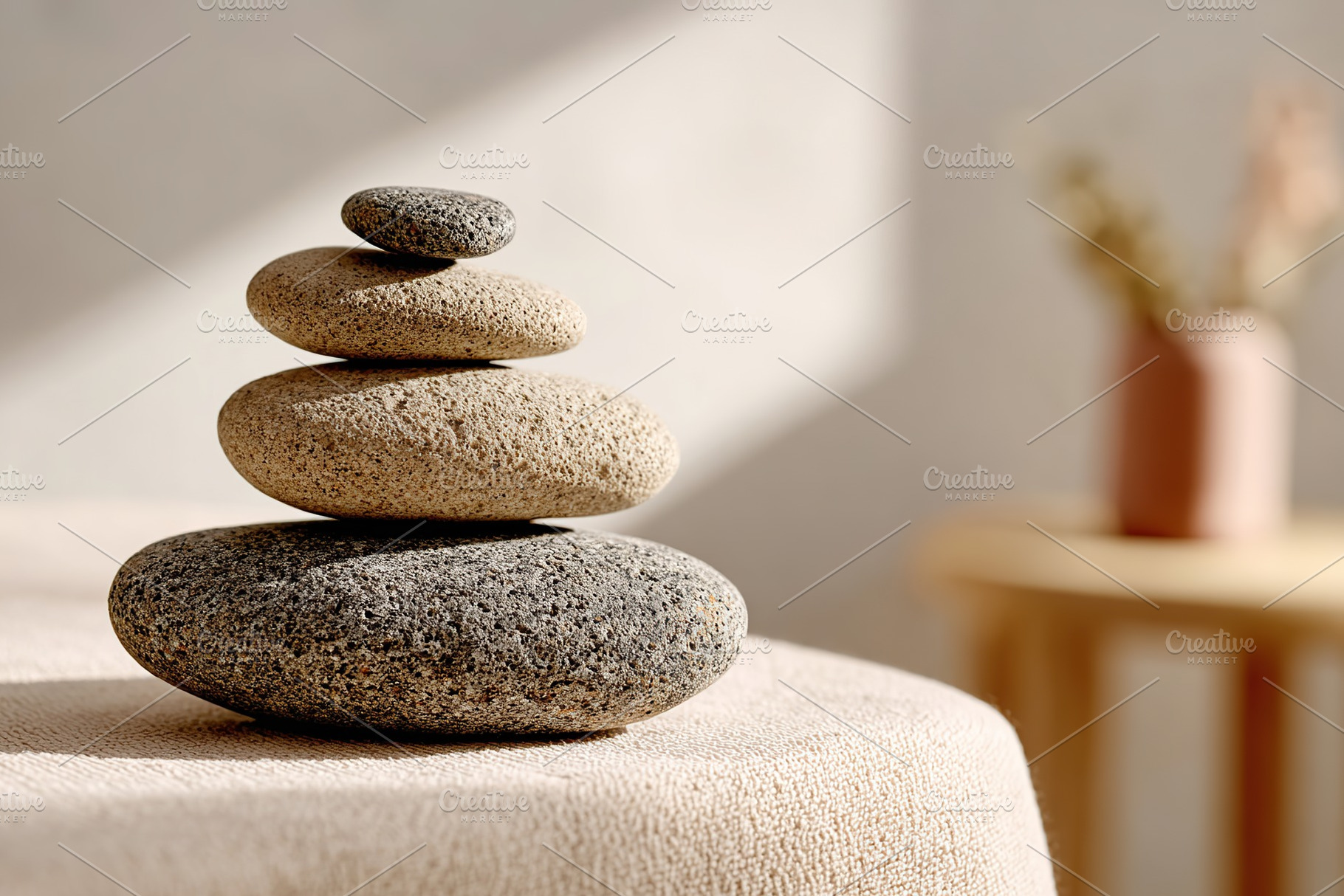 Smooth stones are carefully arranged in a stack on a towel in a serene indoor s, a Beauty & Fashion Photo by AlyaAnd