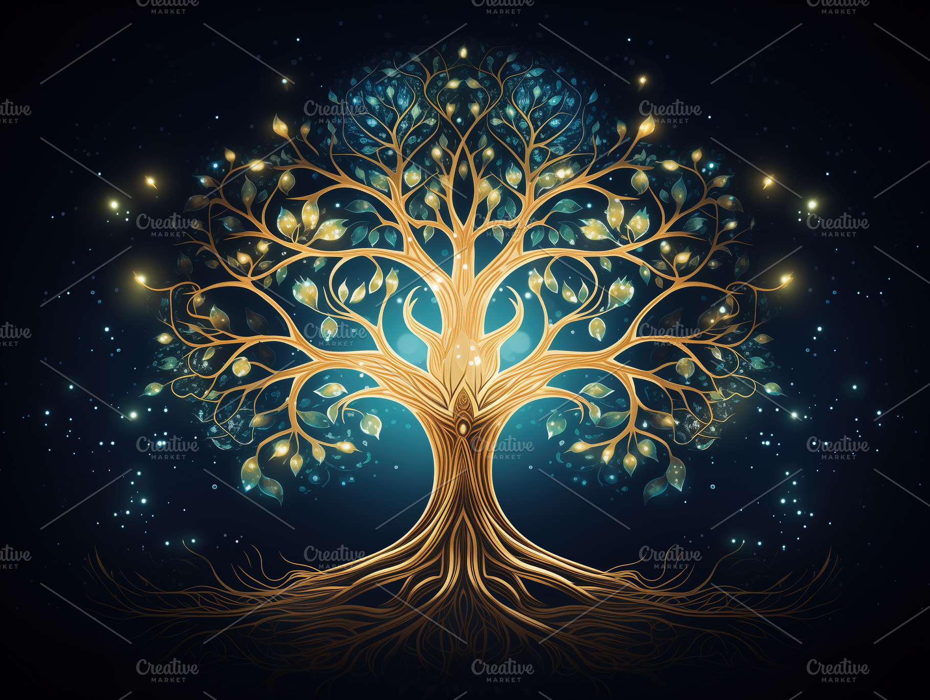 Ornate spirit tree on sparkling dark background. Mythological ma, a Nature Photo by Studio Light & Shade