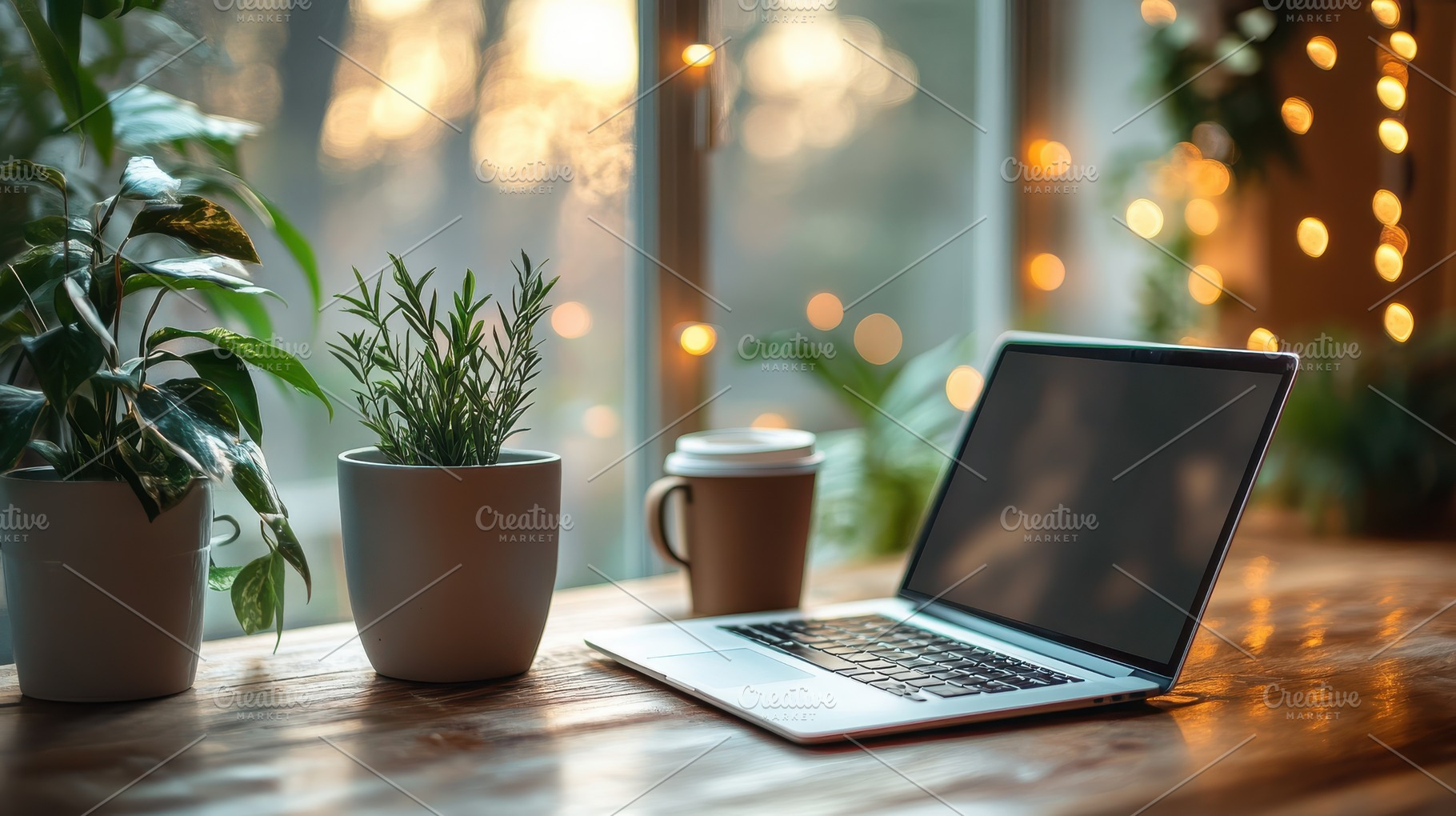 Cozy workspace with laptop, coffee,, a Photo by Pixeness Studio