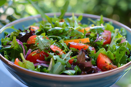 A vibrant garden salad in a blue bow, a Photo by Iftikhar Alam
