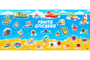 Cartoon fruit characters on vacation, a Food Illustration by Buch&Bee