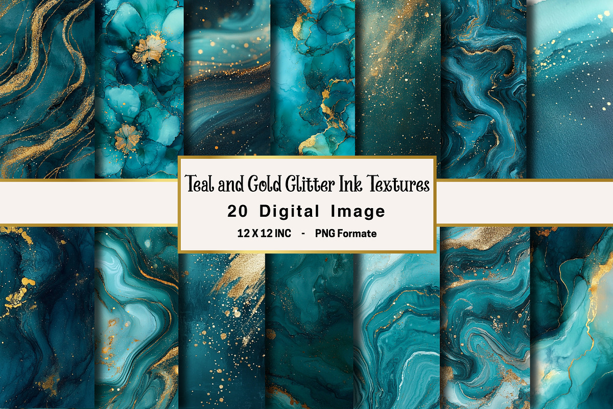 Teal and Gold Glitter Ink Textures, an Illustration by OK Design (Photo 1 of 3)