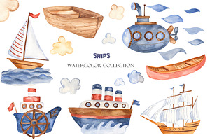 Water Transport. Watercolor Set.