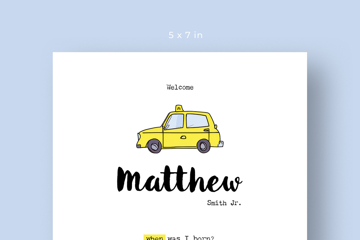 Playful Taxi Birth Announcement Card, a Card Template by Filip Studio (Photo 3 of 3)