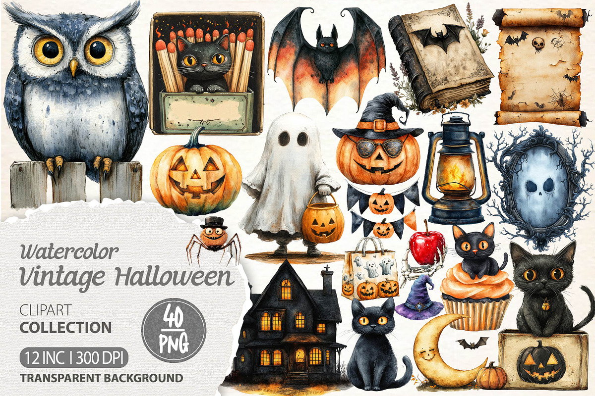 Vintage Halloween Clipart, an Illustration by Dream Creation (Photo 1 of 7)