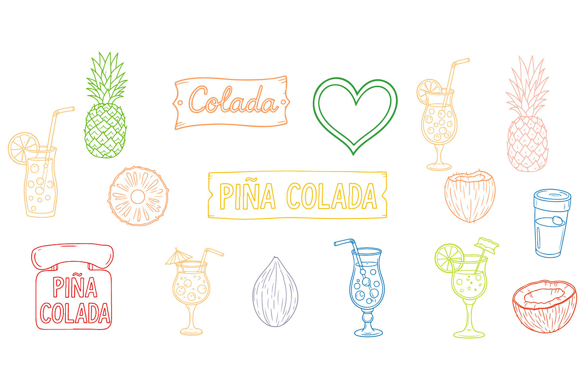 Hand Drawn Piña Colada Tropical Set, a Graphic by MkStudio