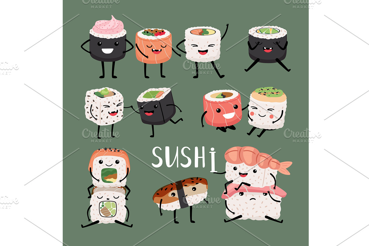 Cartoon sushi and rolls with eyes, a Food Illustration by Stock-Smart-Start