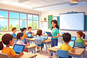 Students and a teacher at classroom using tablets and other tech, an Education Illustration by DanFLCreativo